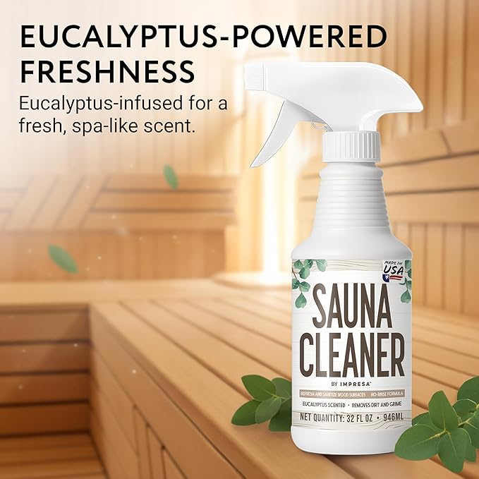 IMPRESA 32oz Sauna Cleaning Spray – All Purpose Eucalyptus Wood Cleaner Spray for Home Sauna, Spa, Steam Room & Gym – Natural Multipurpose Surface Cleaner Bottle – Gentle Ingredients Tough on Grime