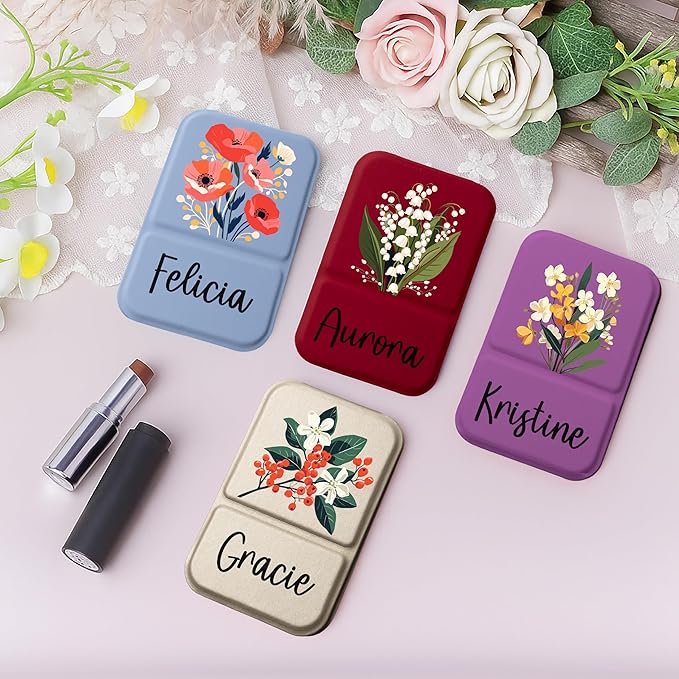 Personalized Birth Flower Month Travel Makeup Mirror for Women | Colorful Birth Flower and Name UV Painting |Custom Small Portable Travel Pocket Mirror Birthday Gifts for Women, Mom, Girl