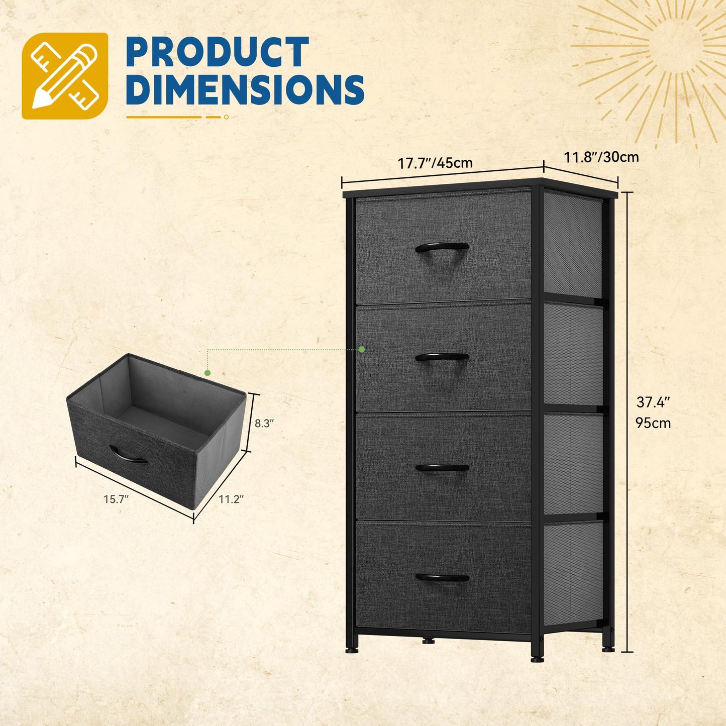 DWVO Storage Tower with 4 Drawers - Fabric Dresser, Organizer Unit for Bedroom, Living Room, Closets - Sturdy Steel Frame, Easy Pull Fabric Bins & Wooden Top