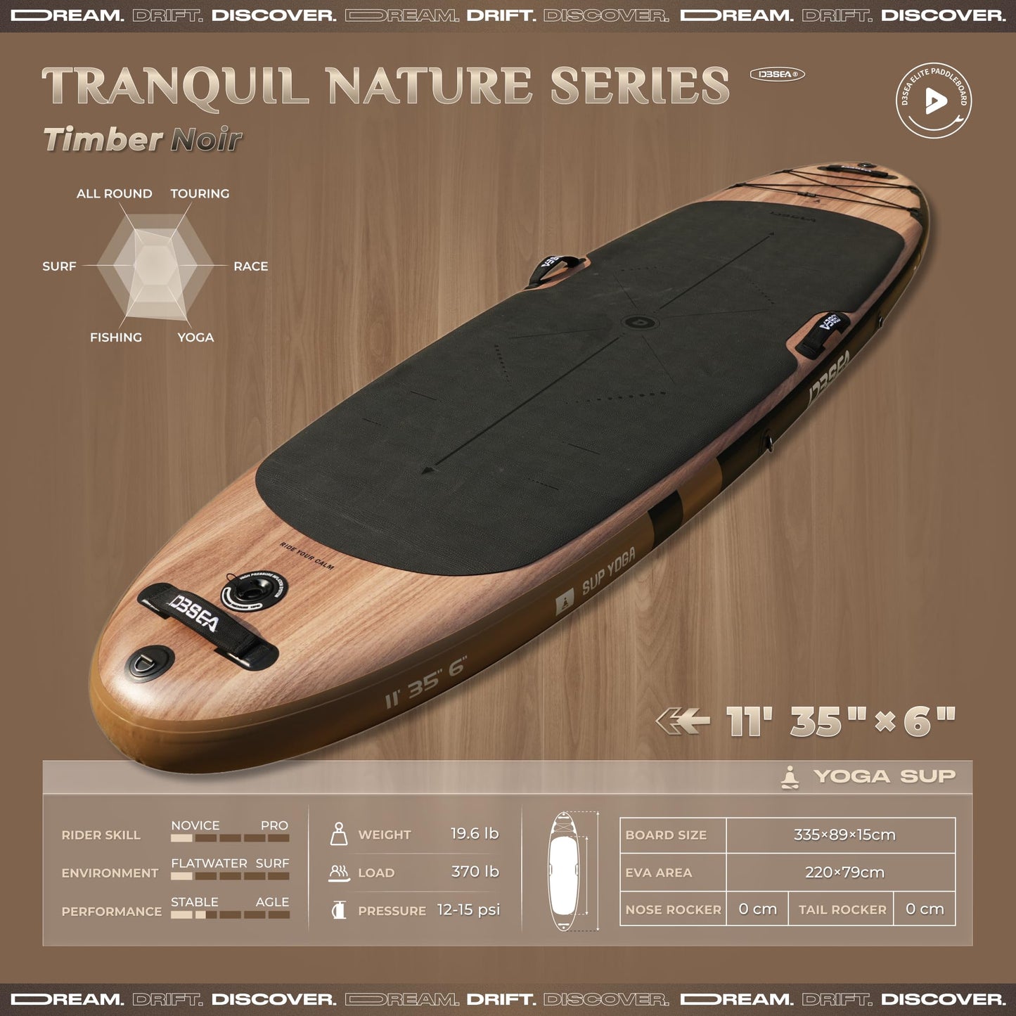 D3SEA 11 ft Inflatable Paddle Board with SUP Accessories, Extra Long Non Slip EVA Deck with Yoga Alignment Lines, Extra Wide Yoga SUP for Adults (Timber Noir, 11' × 35" × 6")
