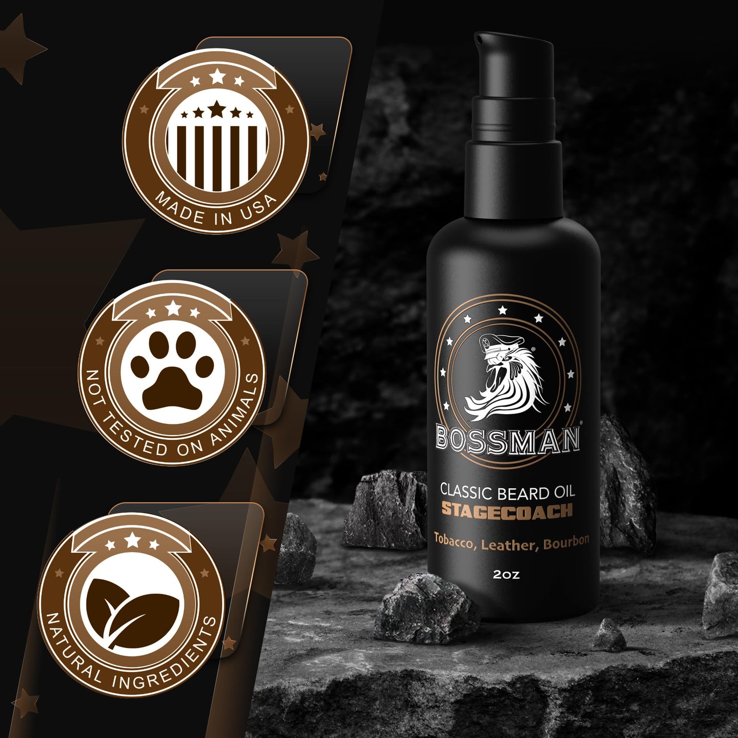Bossman Organic Mustache & Beard Oil for Men, 2 oz - Natural Beard Moisturizer with Jojoba, Argan & Avocado Oils (Stagecoach Sce