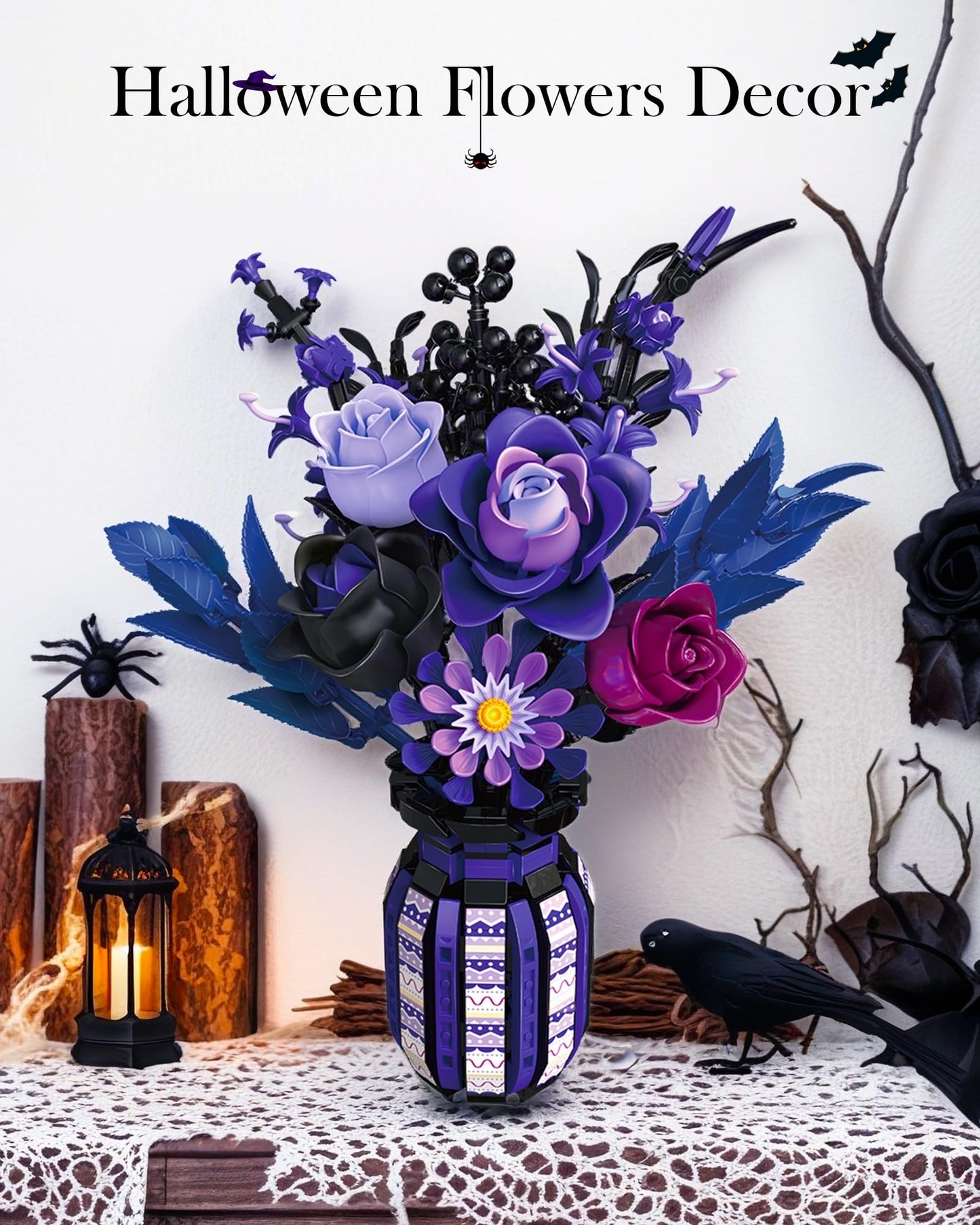 Halloween Flowers Building Set with Vase for Adults, Purple Roses Compatible with Lego Flowers Botanical Collection, 14+