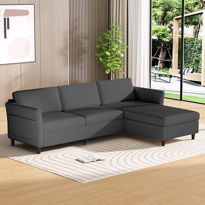 Valthie Convertible Sectional Sofa,Corduroy L-Shaped Couch with Reversible Storage Chaise,3-Seater Sofa with Side Pocket for Living Room,Bedroom and Office, 106.7",Grey