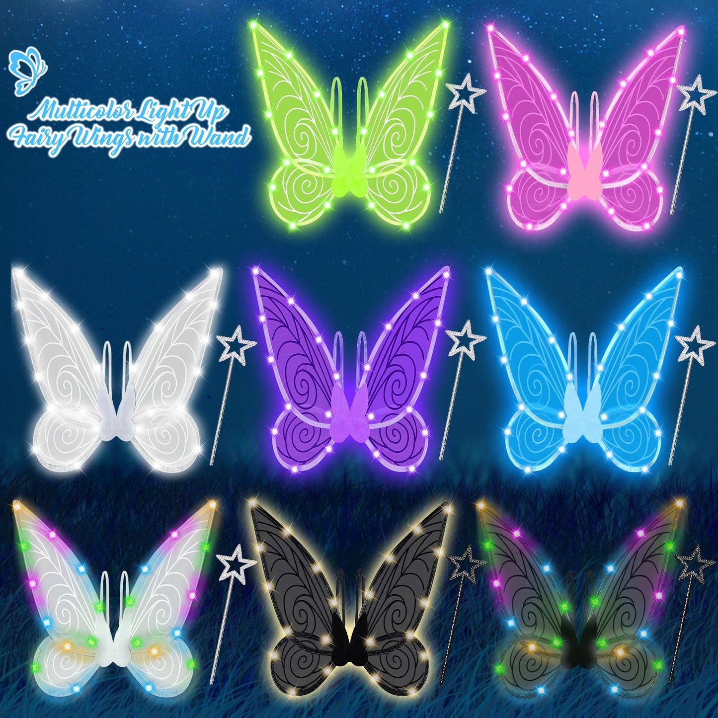 U-Goforst Light Up Fairy Wings for Adults- Butterfly Wings for Girls Women, Halloween Costume Cosplay Dress Up, Sparkly LED Wings with Wand, Blue with Blue Light