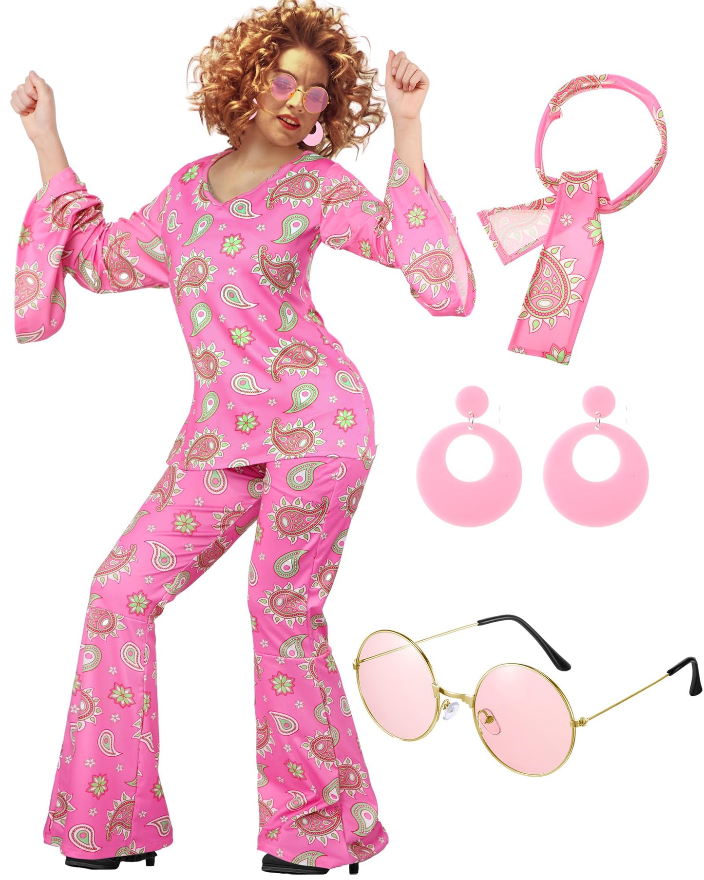 Leumoi 6 Pcs 60s 70s Disco Outfit Women Hippie Costume Accessories Flared Pants Headband Earrings Sunglass (Sweet,XX-Large)
