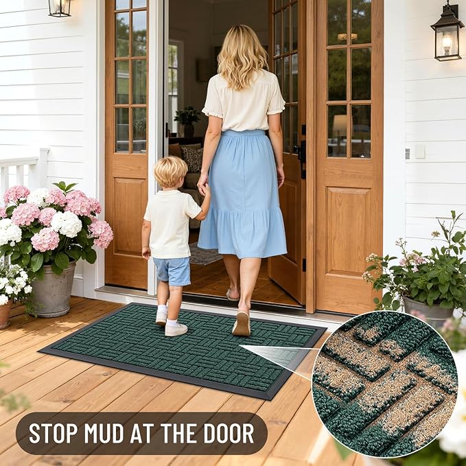 OLANLY Front Door Mat Outside Entrance 47x23, Absorbent, Heavy Duty Sturdy Natural Rubber Doormat Indoor Outdoor, Non-Slip, Stain and Fade Resistant, Low Profile Floor Mat for Entryway, Black Green