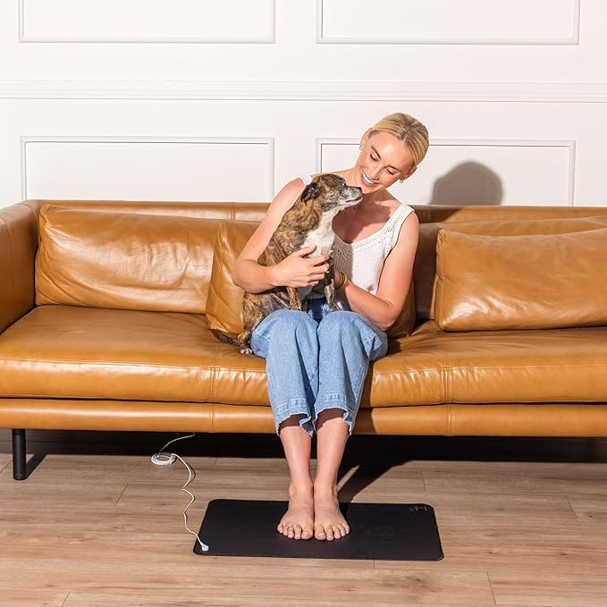 Earthing Grounding Mat for Feet, Energy, Pain Relief, Inflammation, Balance, Wellness - Earthing Mat for Home and Work - 15 Foot Earthing Mat Grounding Pad, Conductive Carbon - 24" x 16" (Gold Logo)