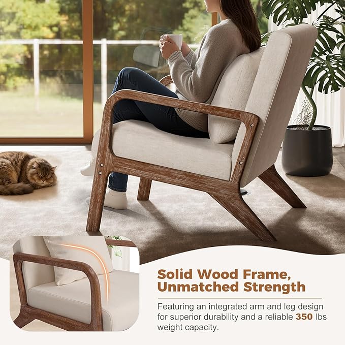 ELUCHANG Mid-Century Modern Chair,Accent Chair with Lumbar Pillow,Upholstered Armchair,Linen Fabric Comfy Reading Chair Beige, Linen, New Armrest, Set of 1