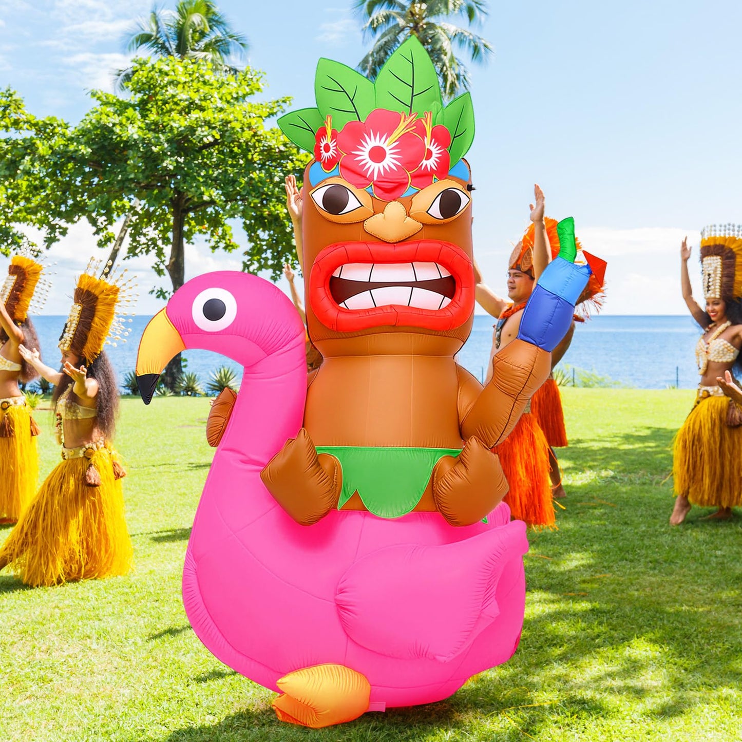 Shappy 5 ft Inflatable Tiki Flamingo Surfboard Luau Hawaiian Party Decorations Summer Inflatables Outdoor LED Lighted Tiki Blow up Beach Tropical Pool Surfing Yard Party Supplies Favors(Delicate)