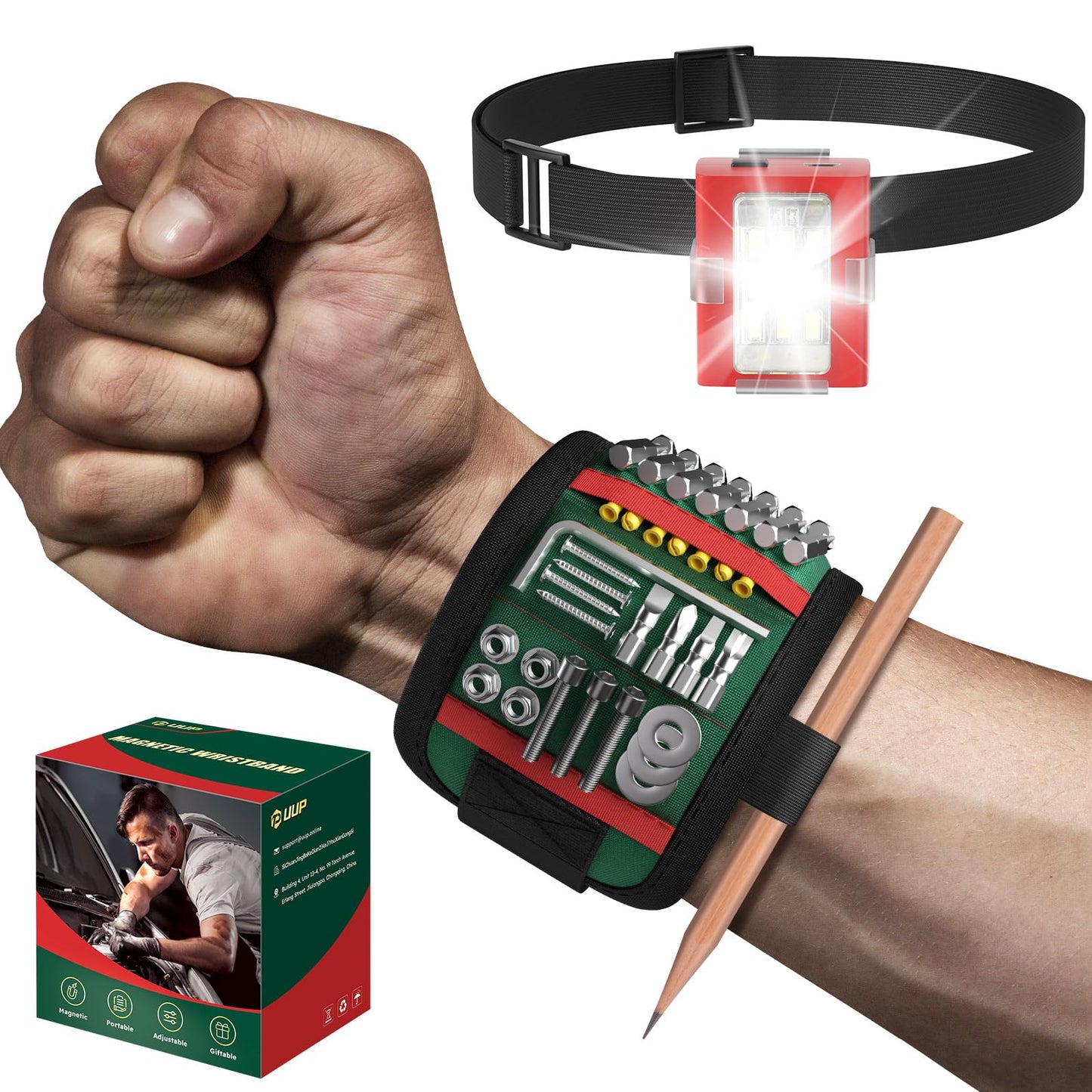 UUP Magnetic Wristband for Tools, Tool Belt Wrist Band with LED Light, 15 Powerful Magnet, Adjustable Wrist Screws Holder, Birthday Gift for Men, Him, Dad, Fathers Day, Mechanics, Woodworker, Handyman