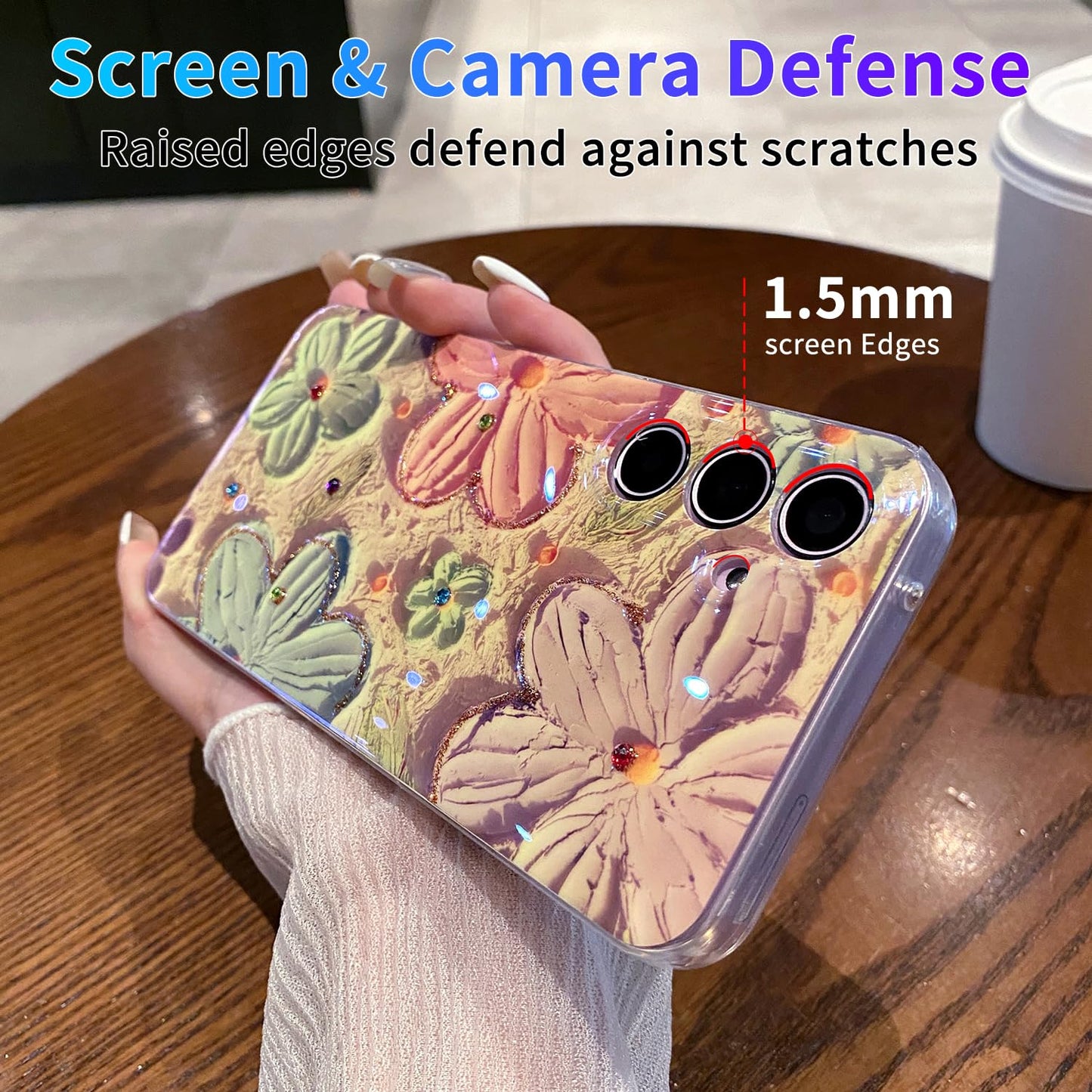 Leleyun Case For Samsung Galaxy S24, Colorful Retro Oil Painting Printed Flower Cute Pattern With Glitter Gem Phone Cover Durabl