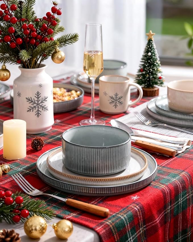 Famiware Star Dinnerware Set, Plates and Bowls Sets for 8 (24pcs), Ribbed Stoneware Dishes - Chip & Scratch Resistant, Microwave & Dishwasher Safe, Multicolor - Cappuccino White & Smoky Blue