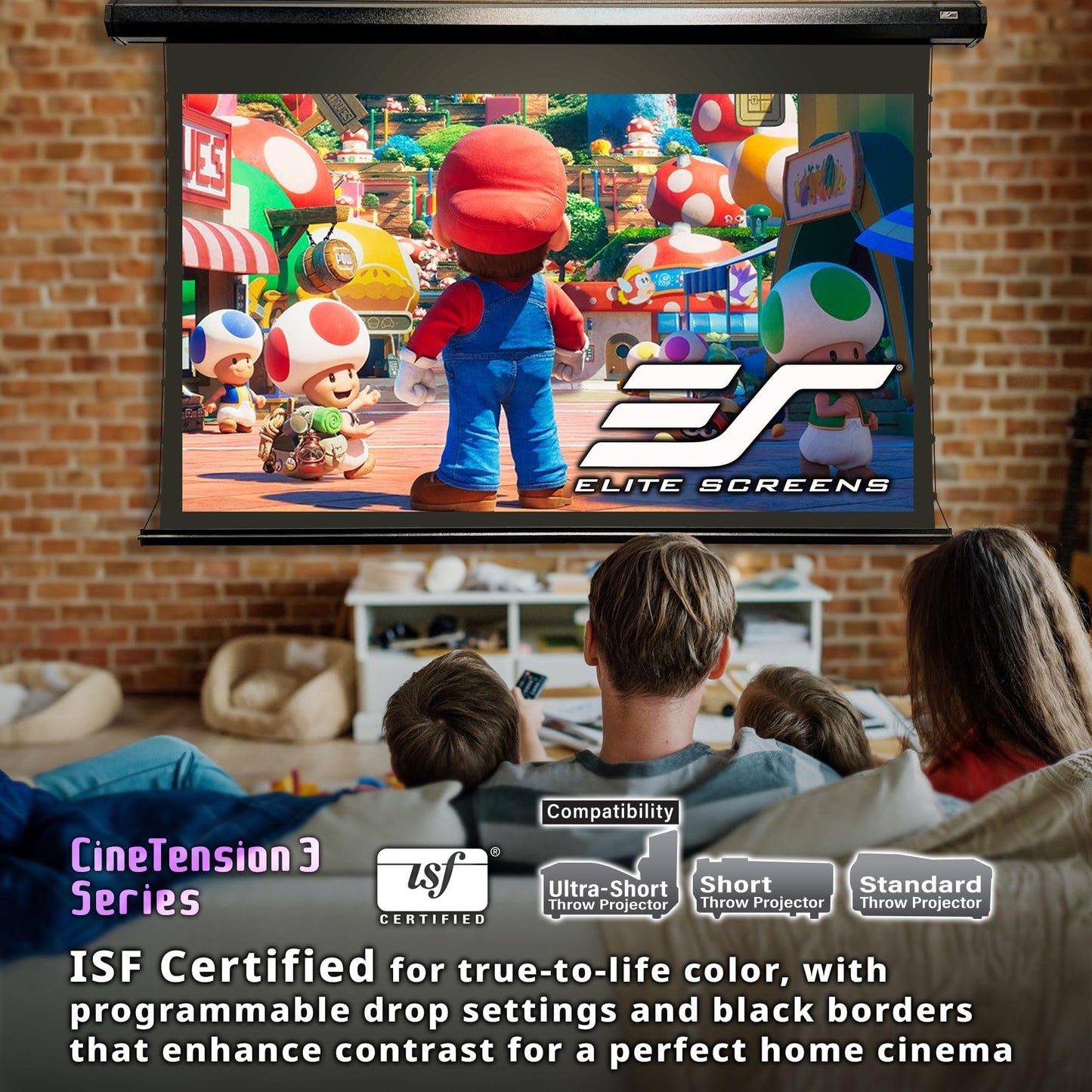 Elite Screens CineTension 3 Projector Screen, 120-inch 16:9, Indoor Electric Motorized ISF Material Tab Tension Home Theater Automatic Front Projection Movie Office Presentations, TE120HW3, Black