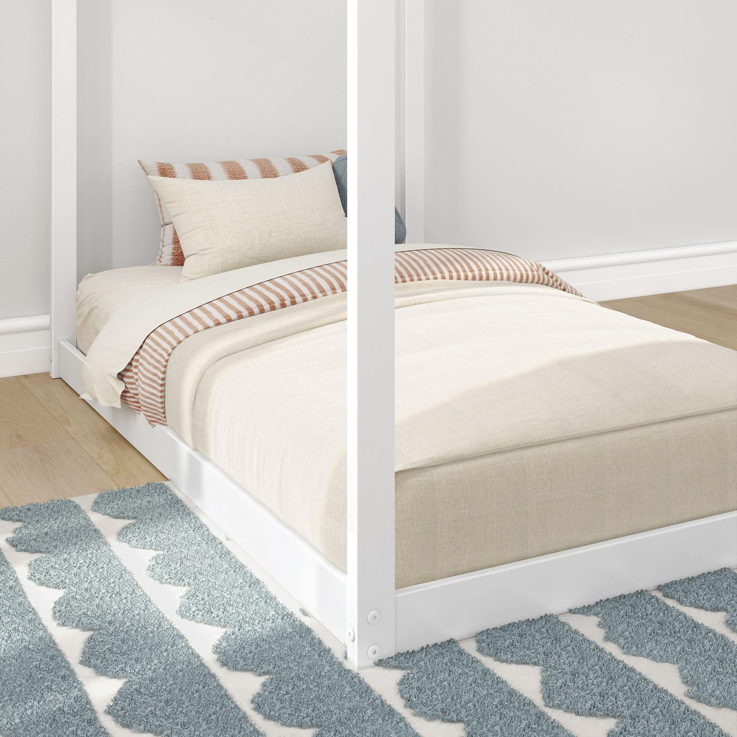 Max & Lily Twin Floor House Bed, Modern Solid Wood Low Bed Frame for Kids, Montessori Floor Bed for Bedroom, Playroom, Wooden Slats, White