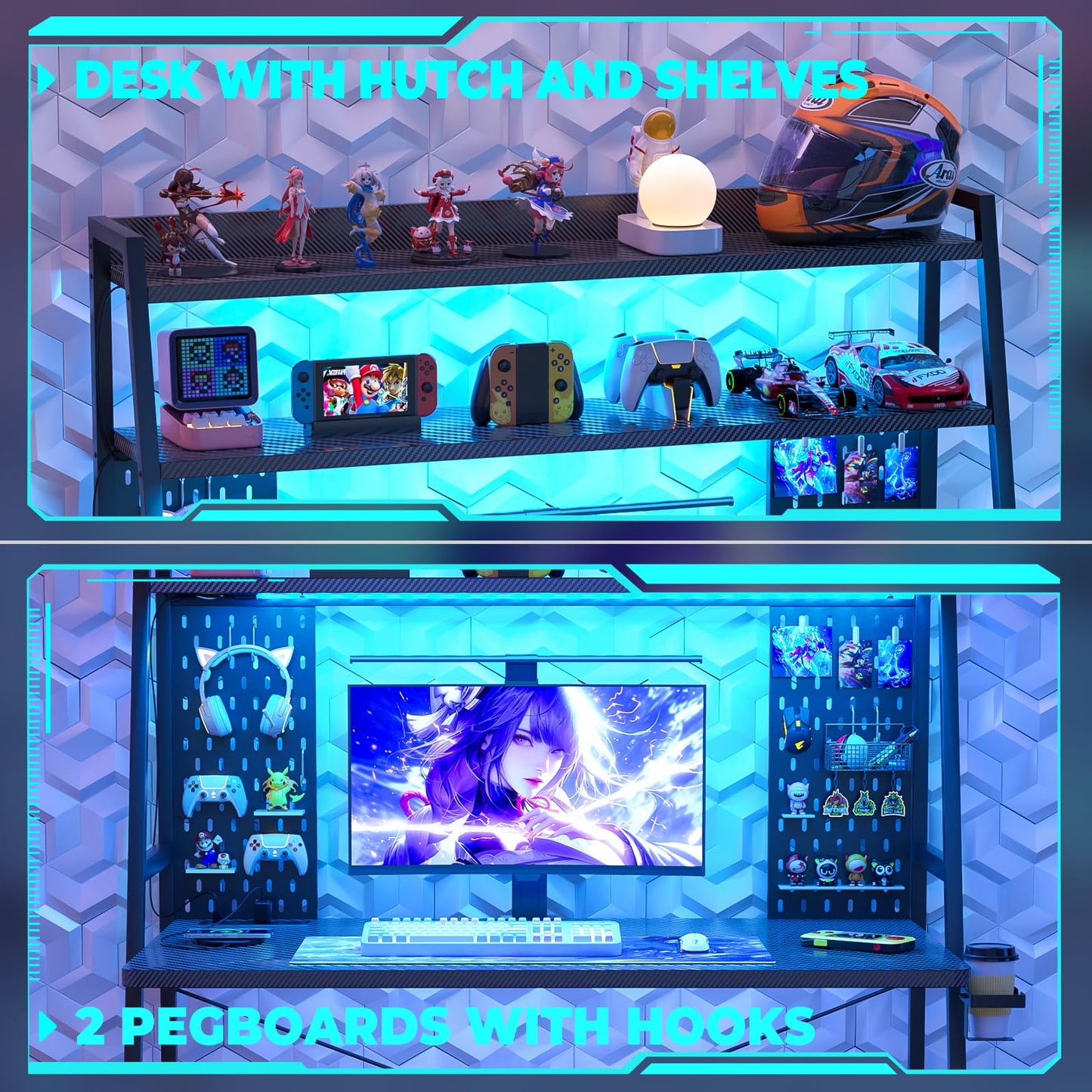 Besiost Small Gaming Desk with Hutch and LED Lights, Gaming Computer Desk with Power Outlets, Gamer Desk with Storage Shelves, Game Desks with Pegboards for Bedroom Small Spaces, Black, 43"