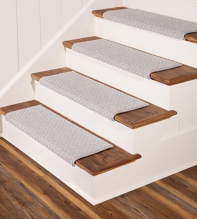 Oak Valley Designs™ Rounded Bullnose Carpet Stair Treads - Anti Slip Indoor Stair Mats for Wooden Stairs, Style: Bayside Charm, Silver Birch 35" W X 9.75" D (Set of 14)