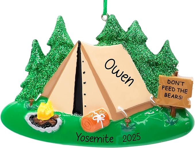 UniqXmas Personalized Camping Christmas Ornament 2025 for Campers - Free Customization | Tent with Glitter Trees Campfire ...