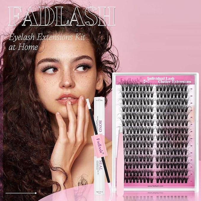 FADLASH Lash Extension Kit Cat Eye Lash Cluster Kit DIY Eyelash Extension Kit with Lash Bond and Seal Lash Tweezers Natural Cluster Eyelash Extensions Kit Individual Lashes (KIT, 40D-07D-12-20mm)