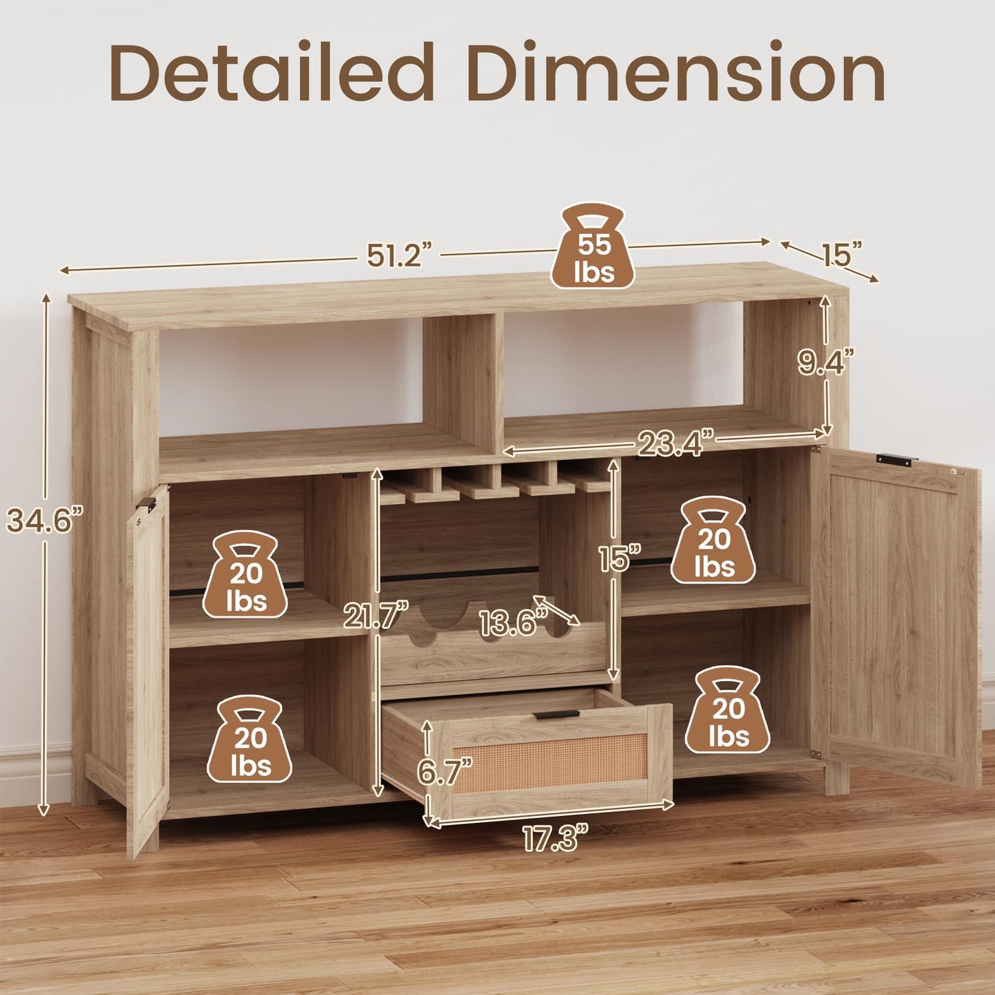 EROMMY Buffet Cabinets with Storage, 51" Rattan Sideboard with Removable Wine Rack and Glass Holders, Boho Farmhouse Wine Liquor Cabinet for Kitchen Dining Living Room Entryway (Natural)