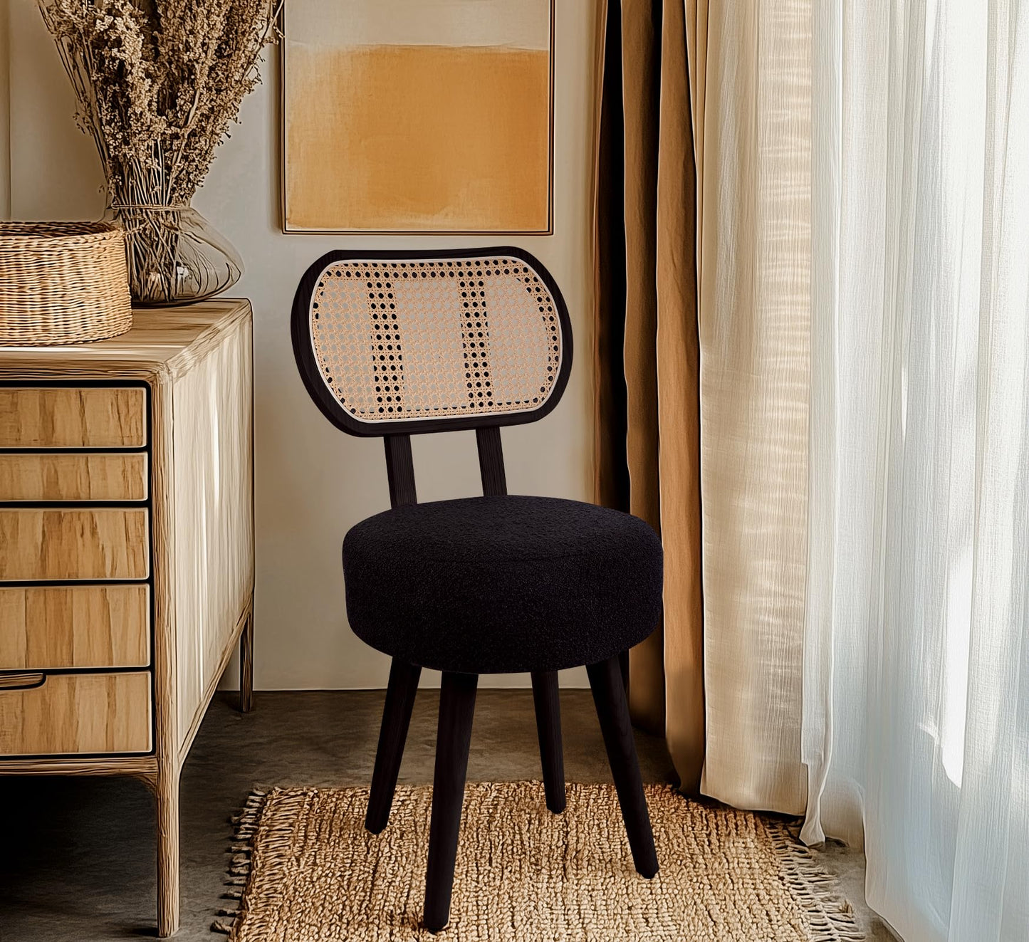ZYBT Rattan Boho Makeup Vanity Chair for Makeup Room, Small Dining Chair, Mid Century Modern Boucle Chair, Black Cane Dining Chairs, Upholstered Wood Accent Chair, Cute Sherpa Chair with Back, 1 Pc