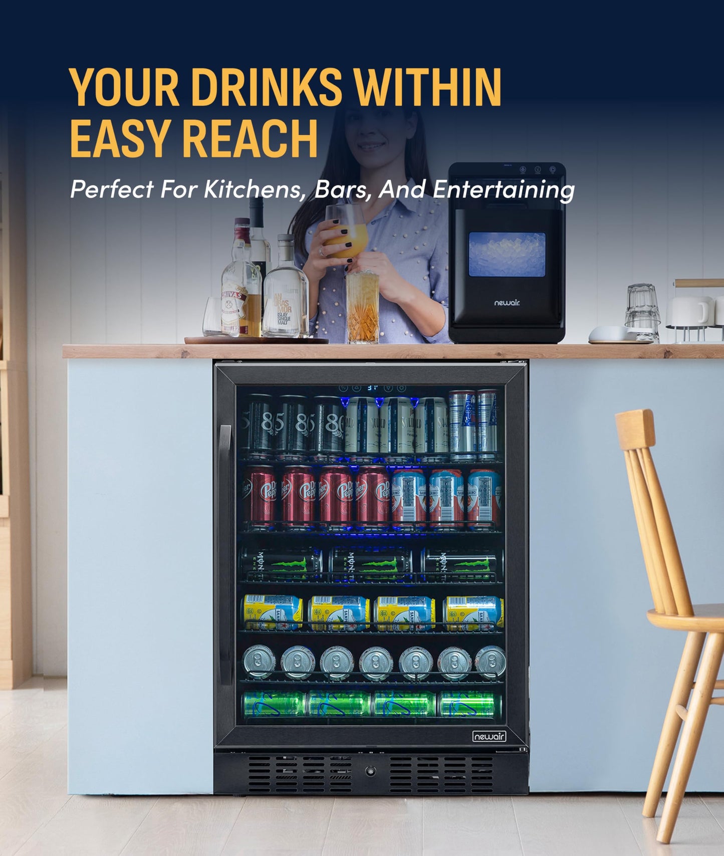 NewAir Beverage Refrigerator with Glass Door | 177 Can Mini Fridge for Bedroom, Dorm, Office, or Gaming Setup | Soda, Beer, and Wine Cooler | Black Stainless Steel
