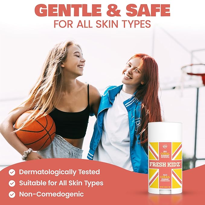 Fresh Kidz Deodorant Stick for Kids and Teens - Baking Soda and Aluminum-free 24 Hour Protection for Sensitive Skin - Girls "Coral", 2.65 oz / 75 g