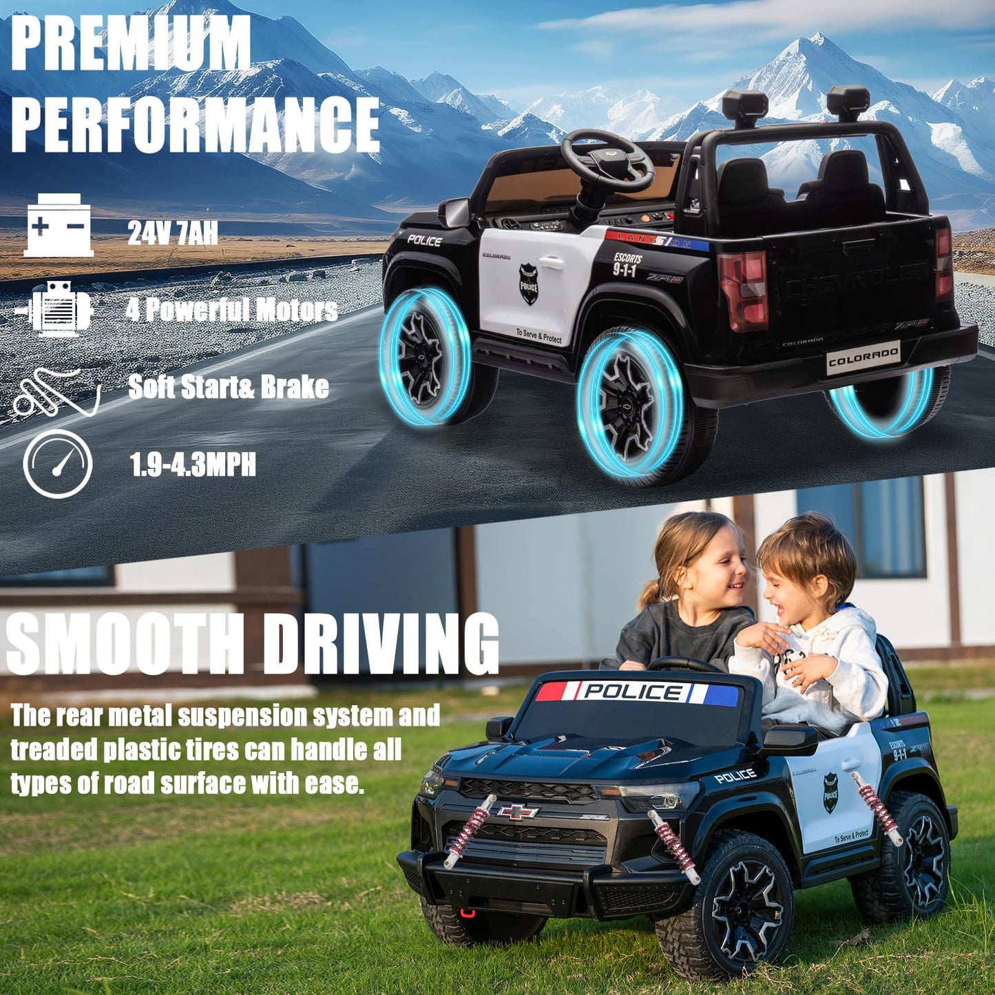 Nitoess Police Car Ride On, 24V 4WD Kids Car Licensed Chevrolet Colorado, Toddler Car Ride on 2-Seater with Parent Remote, Police Ride on Toy with Music, Alarm Lights