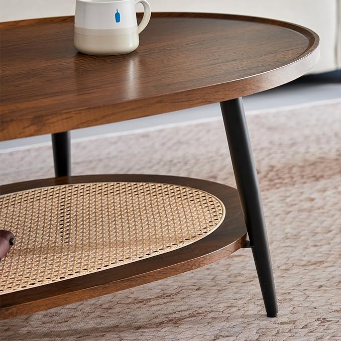 Saint Mossi Oval Wood and Rattan Coffee Table for Living Room, Mid-Century Modern Wood Coffee Table, Center Table for Small Space, Wanlut and Rattan Board, D47xW23.6xH15