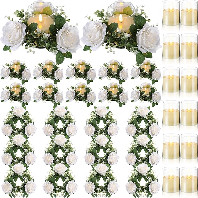 Yunlly 12 Pcs Valentine Candle Rings Wreaths 3 Inch Wedding Centerpiece LED Flameless Candles Rose Eucalyptus Rings for Ta...