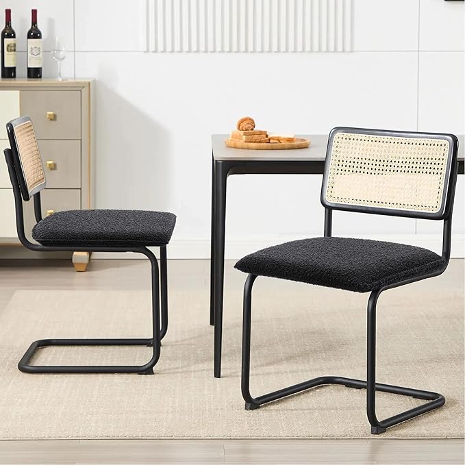 Zesthouse Natural Rattan Dining Chairs Set of 2, Modern Kitchen Chairs with Solid Wood Back for Dining Room Living Room, Mid Century Breuer Design Inspired, Upholstered Boule Fabric, Black
