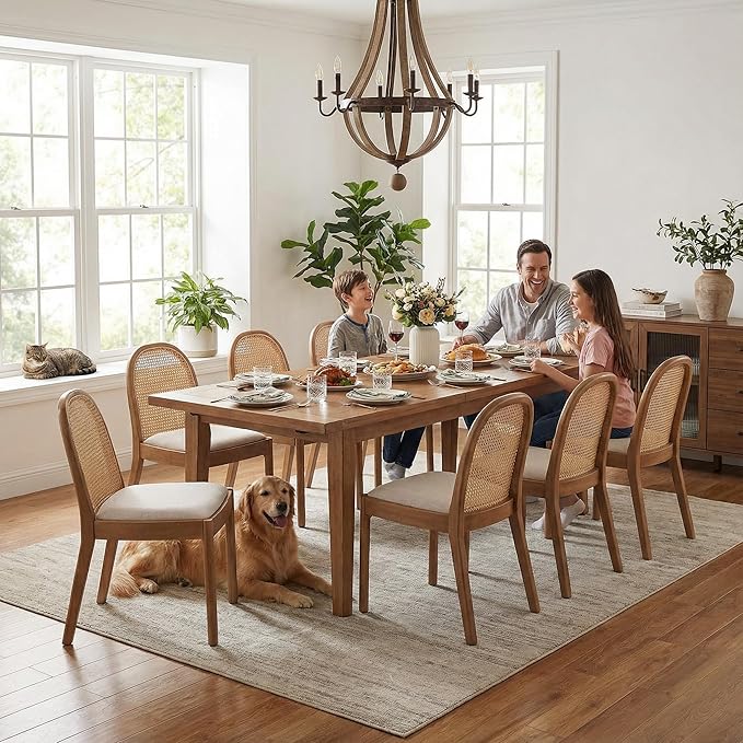 DUOMAY Mid-Century Modern Rattan Dining Chairs Set of 8, Wooden Dining Room Chair with Cane Backrest and Padded Seat, Linen Upholstered Dining Chair, Natural Finish, Beige