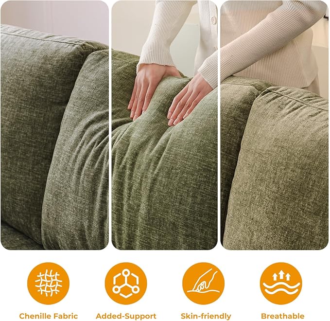 Rukefo 85" Sectional Sofa Couch with Storage Ottoman,L Shaped Couch with Armrest Organizer,3-Seater Sofa,Sofa and Chair Set,Couches for Living Room,Bedroom,Apartment,Chenille,Green