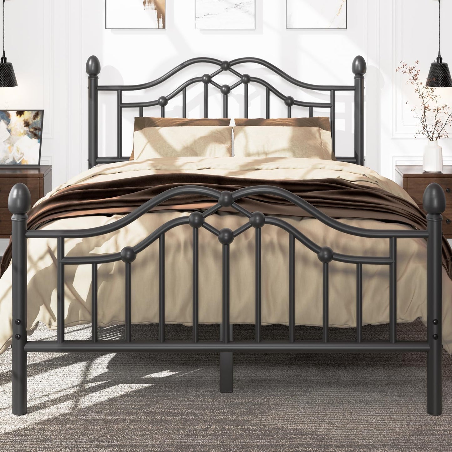 LoVinson Queen Metal Bed Frame with Headboard and Footboard, Modern Iron Platform Bed Frame Support Up to 1200LBS, Under Bed Storage, No Box Spring Needed, Easy Assembly, Black