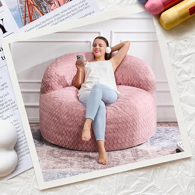Hobestluk Bean Bag Chair Giant Bean Bag Chairs for Adults Big Bean Bag Chair with Memory Foam Filler Adults Large Beanbag with Faux Fur Cover for Bedroom (Chevron Pink,Large)