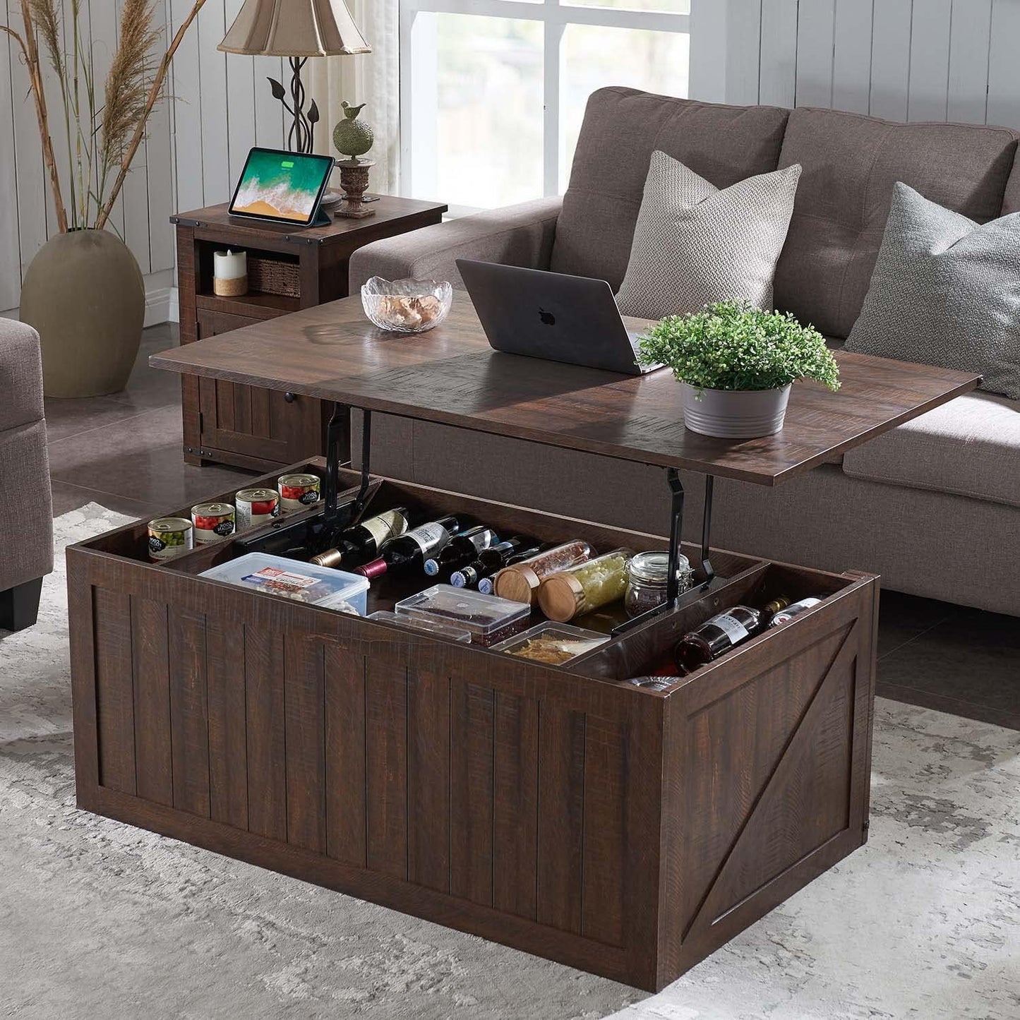 IFGET 48" Lift Top Coffee Table, Farmhouse Cocktai with Sliding Groove Barn Door, Rustic Wood Center Table w/Double Storage Spaces for Living Room, Brown