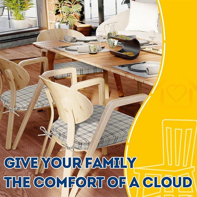 AAAAAcessories D-Shaped Chair Cushions, 2" Thick Dining Chair Pads with Ties and Removable, Machine-Washable Cover, 17" x 16", Set of 6, Yellow Checkered