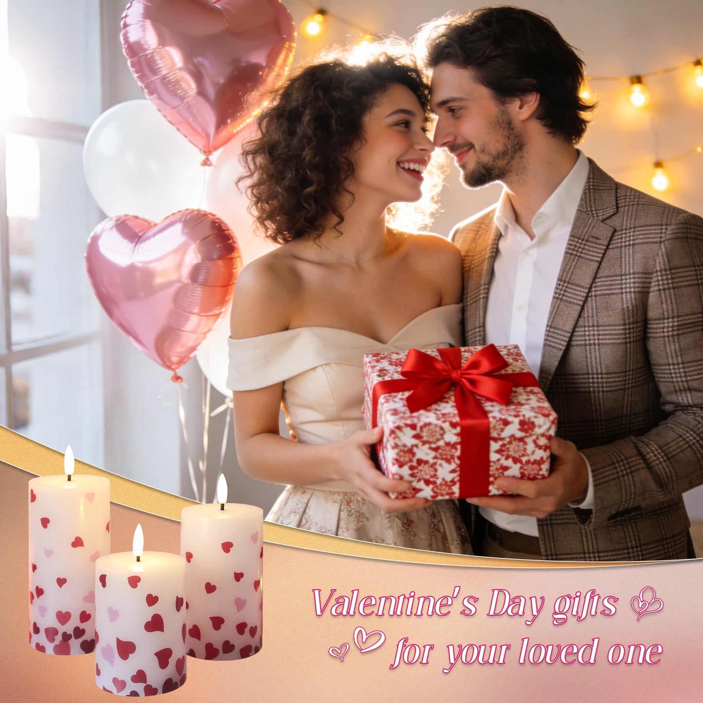 JOIONE Valentines Day Flameless Pillar Candles with Remote Set of 3, Battery Operated Real Wax LED Heart Stickers Candle, Perfect for Romantic Date Night, Wedding and Home Décor, Heart Stickers