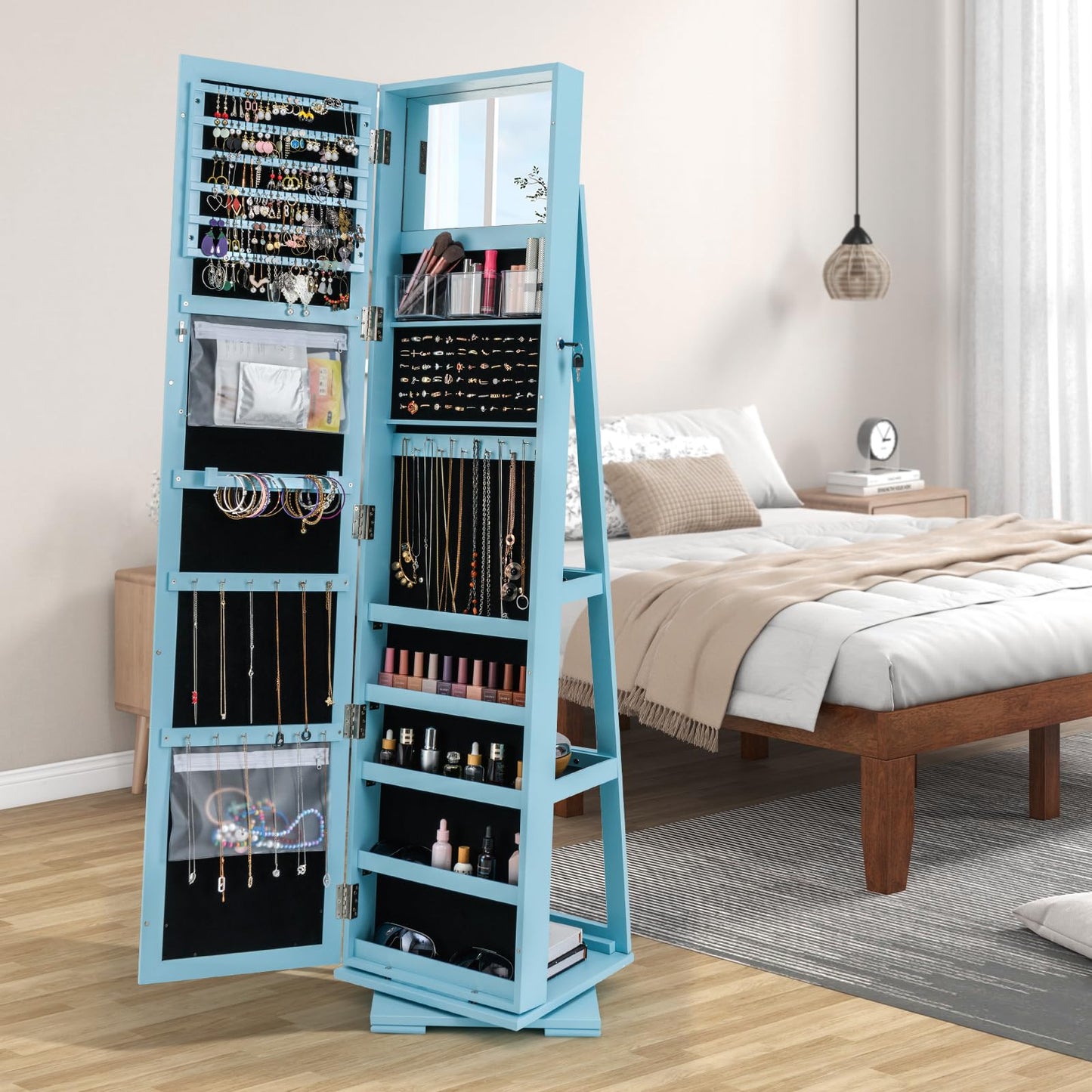 MAT EXPERT 360 Rotating Jewelry Armoire with Mirror, Freestanding Jewelry Storage Mirror w/78 Ring Slots, 24 Necklace Hooks, 120 Earring Slots, Lockable Jewelry Organizer for Makeup (Blue)