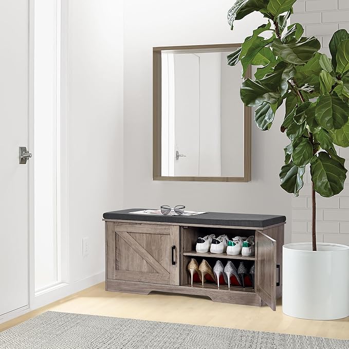 HOMSHO 2-Tier Storage Bench, 39.4" Wide Shoe Bench with Padded Seat Cushion, Entryway Bench with 2 Barn Doors and Adjustable Shelf, Greige