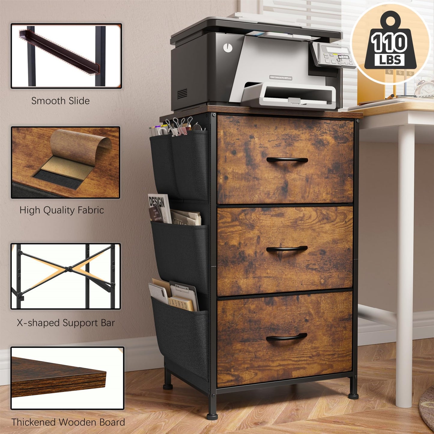 Night Stand Set 2, Night Stand with Drawers for Bedroom, Bedside Table with Wooden Top, Sturdy Steel Frame End Table, Dorm Nightstand for Bedroom, Entryway, Hallway, Cloth Bags, Hooks, Rustic Brown