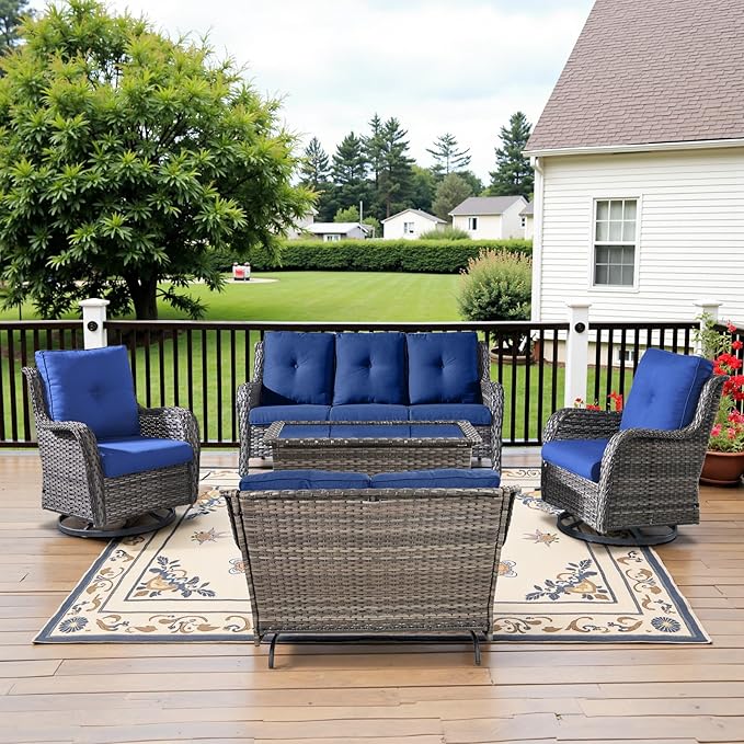Belord 5 Piece Outdoor Patio Furniture Set - Outdoor Conversation Couch and Loveseat Glider Chair Furniture Set with Rattan Coffee Table for Deck Balcony Poolside Gray Wicker/Blue Cushions