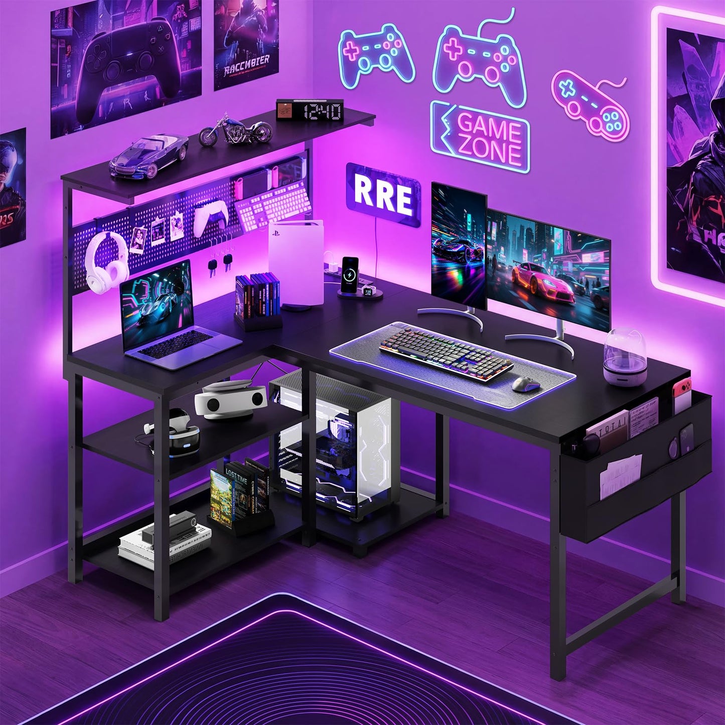Apicizon L Shaped Desk Gaming Desk with LED Light & Power Outlet, 47 Inch Reversible Computer Desk with Pegboard & Shelf & Storage Bag for Home Office, Black