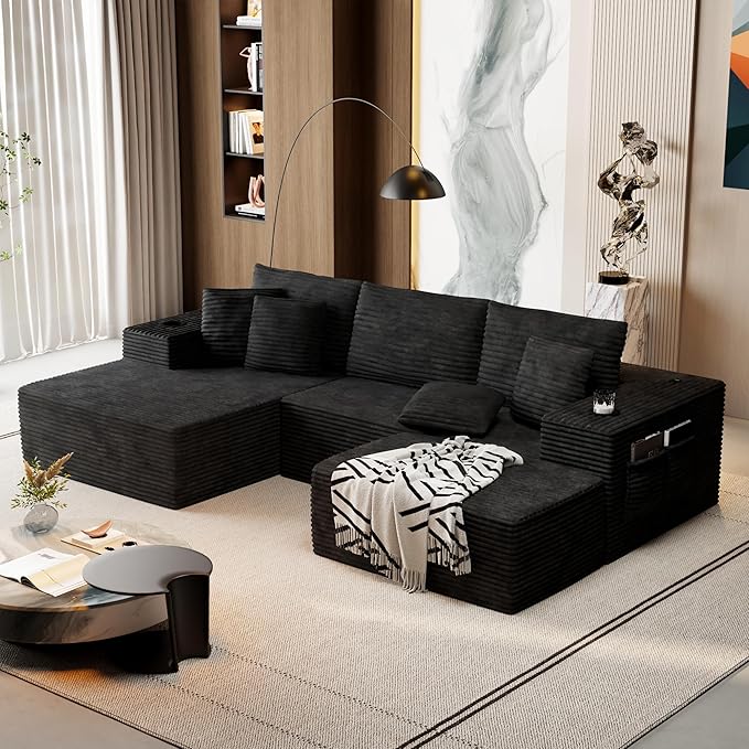 Cibert 104.3" Modular Sectional Sofa with Ottoman, Black Boneless Couch Left Facing Chaise U Shaped Couches with USB Ports, 2 Cup Holders, 2 Storage Bags & Lint Remover, No Assembly Sectional Couch