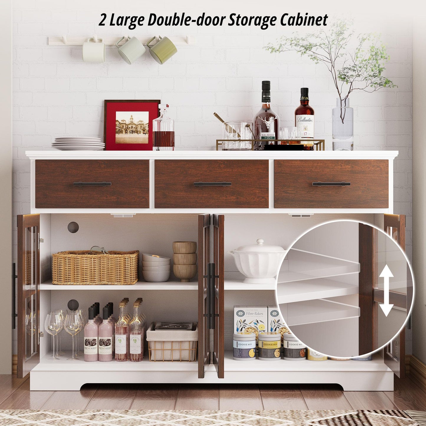 IRONCK Buffet Cabinet with Storage, 55" Large Sideboard Buffet Storage with LED Lights, Farmhouse Coffee Bar Wood Liquor Cabinet for Kitchen, Dining Room, Red Walnut