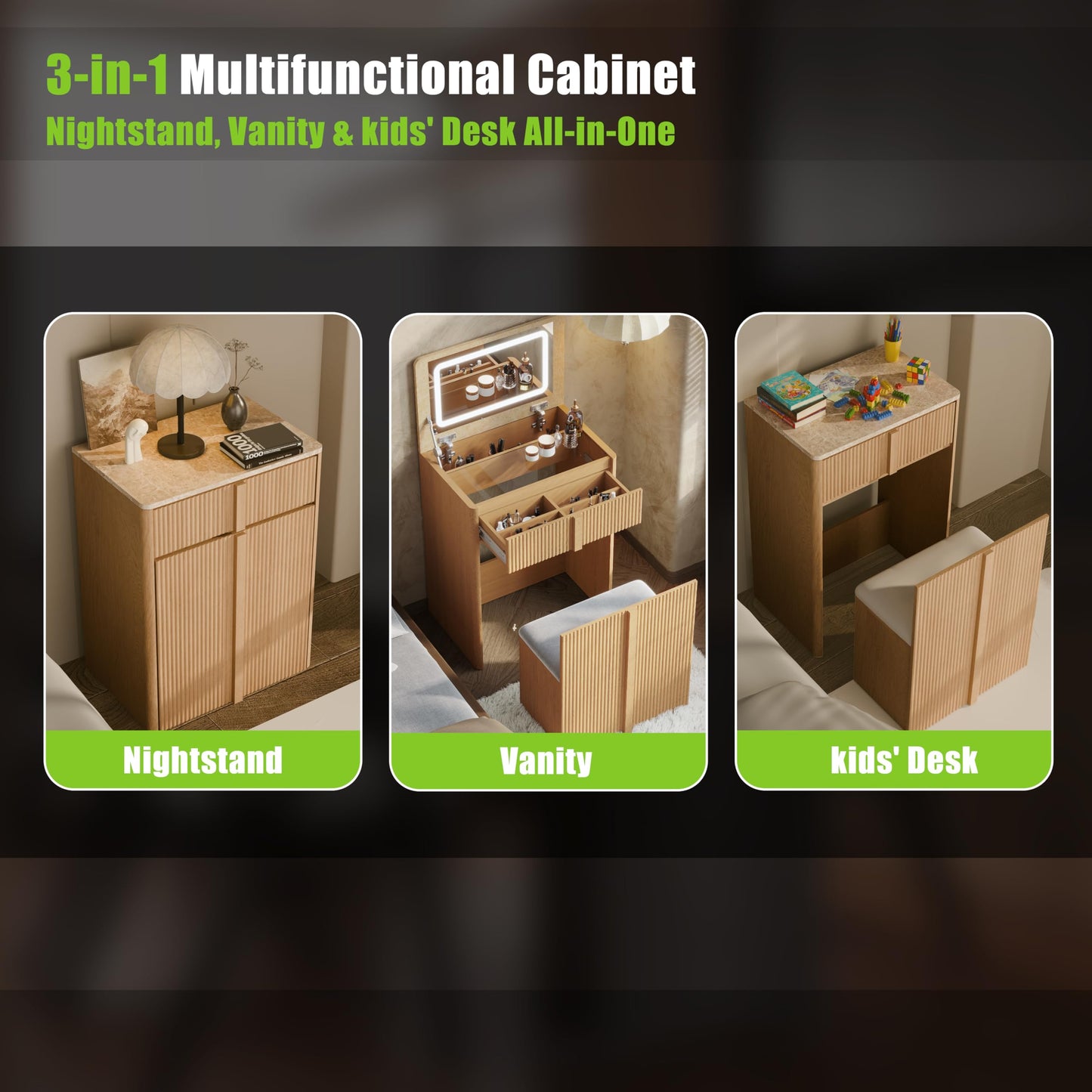 ALLHOMWIE 3 in 1 Makeup Vanity Desk with Lights and Flip Top Mirror, 24" Modern Compact Vanity with Hidden Chair, Makeup Set with 2 Drawers and Reinforced Legs, Light Oak