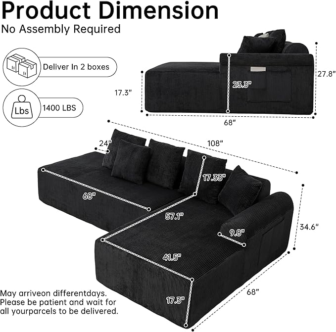 108 '' W Boneless Couch with L-Shape Chaise,No Assembly Required, Upholstery Corduroy Cloud Couch with Deep Seats and 5 Pillows Back, Free Combination (Black)