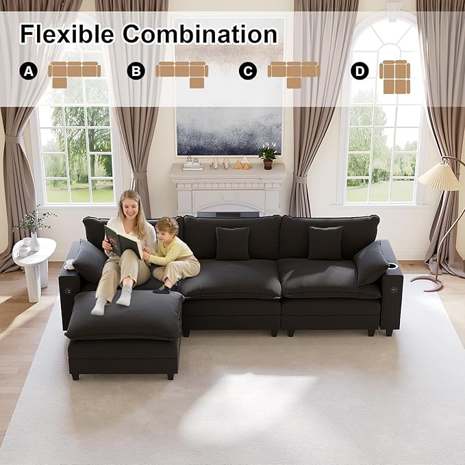 KCGKCG 116" Modular Sectional Sofa, L Shaped Cloud Couch with Movable Ottoman, Chenille Deep Seat Cloud Sofa with Charging Station, Cup Holder, Side Pocket, Sectional Couches for Living Room, Black