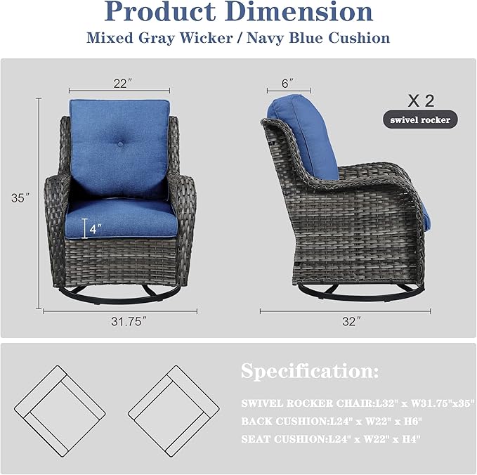 Belord Outdoor Swivel Rcoker Patio Chairs - Outdoor Swivel Patio Chairs Set of 2 Wicker Chair Patio Furniture Sets with Covered Cushion for Porch Deck Balcony Garden, Blue