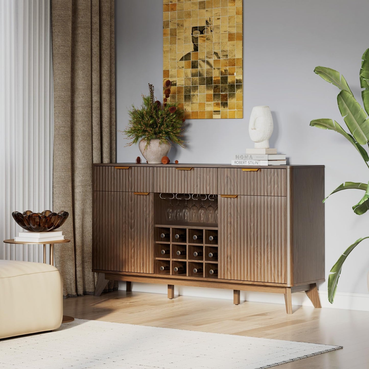 60" Wide Fluted Wine Bar Cabinet with Storage, Modern Buffet Sideboard with 2 Side Cabinets, 3 Drawers, Liquor Rack and Glass Holder, Adjustable Shelves, Alcohol Indoor Bars for Kitchen, Living Room