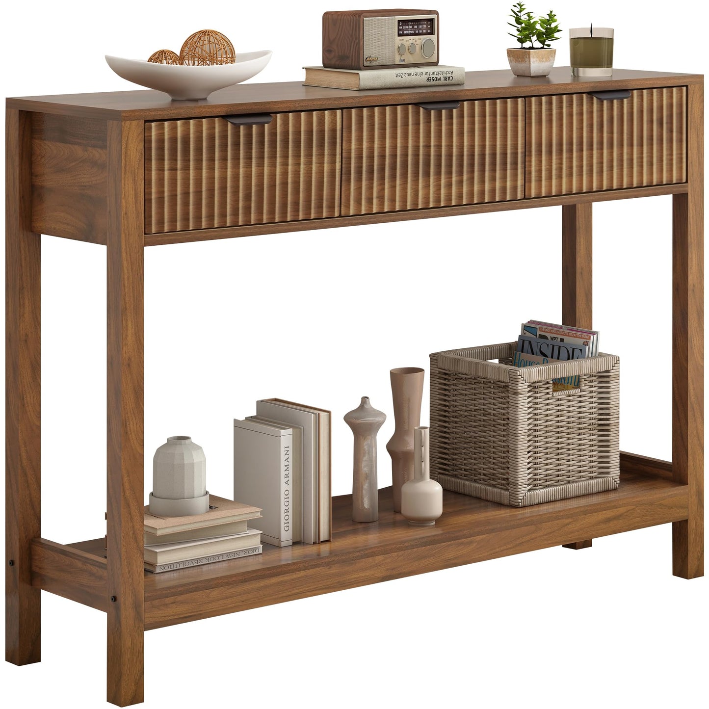 Nasonet Fluted Console Table, Wooden Sofa Table with Storage and Drawers, Farmhouse Behind Couch Table Entryway Table for Entrance, Hallway, Living Room, Brown
